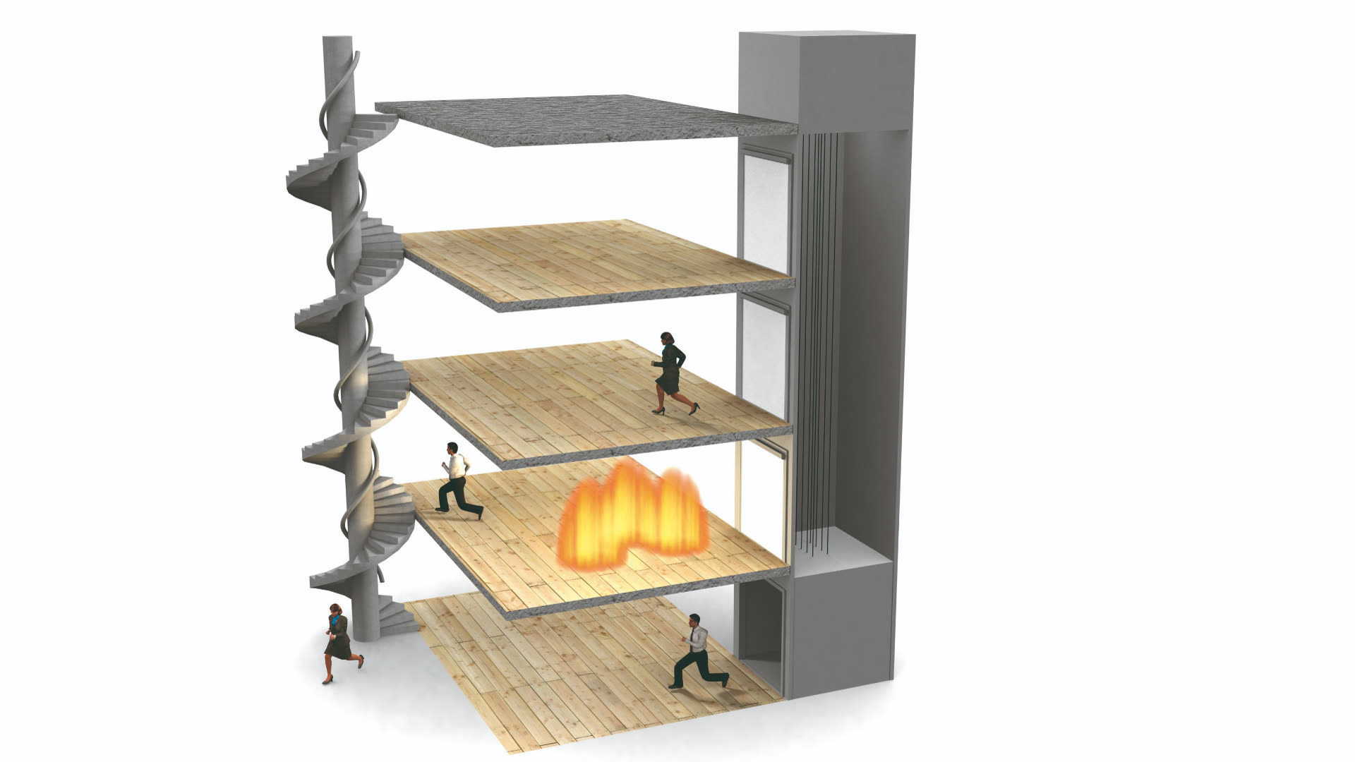 3D-illustration av utrymning vid brand i trapphus