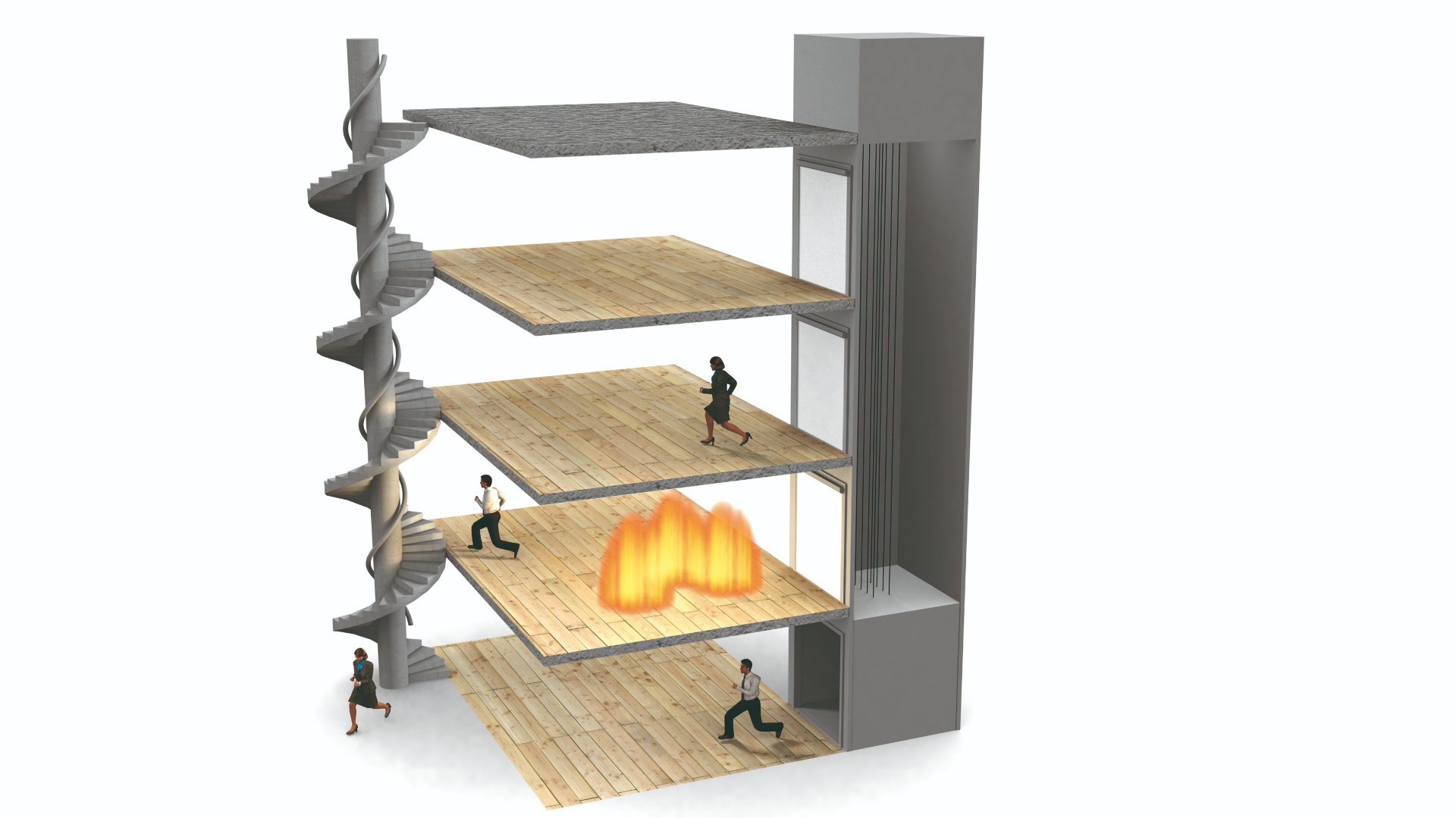 3D-illustration av utrymning vid brand i trapphus