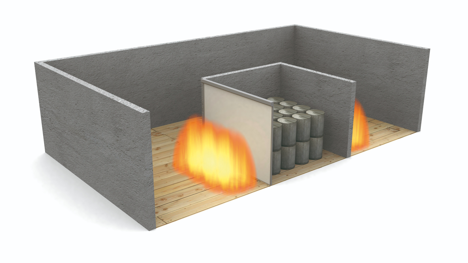 3D-illustration av brandgardin som skyddar lager med kemikalier