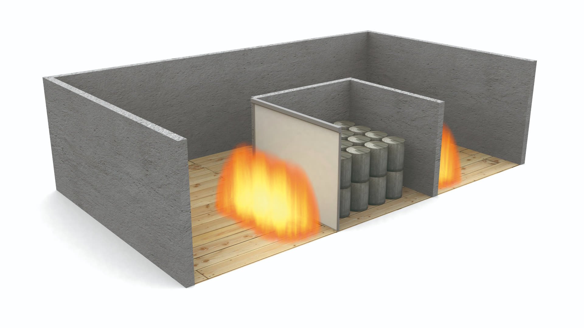 3D-illustration av brandgardin som skyddar lager med kemikalier