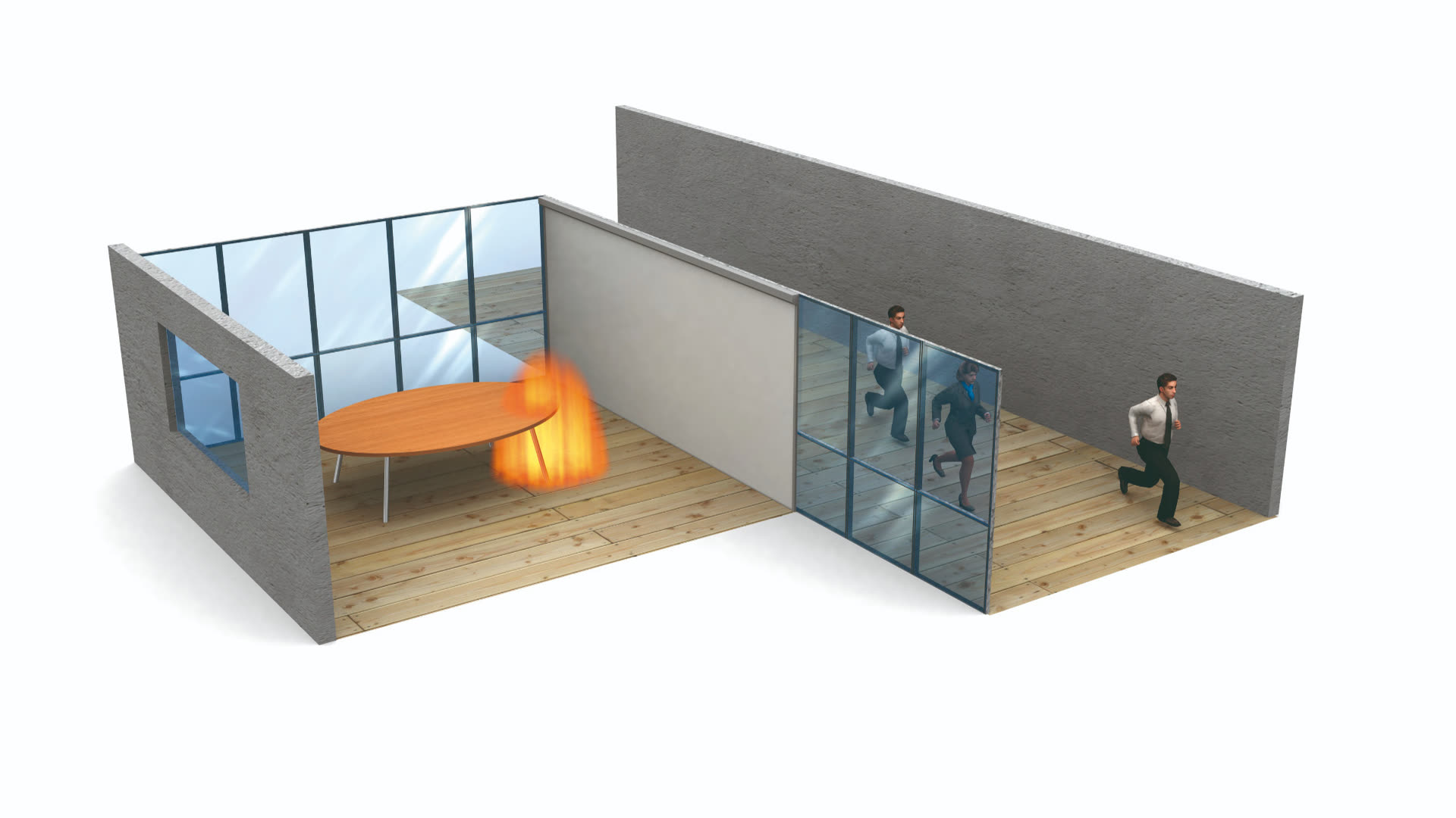 3D-illustration av brandgardin som skyddar kontor vid utrymning