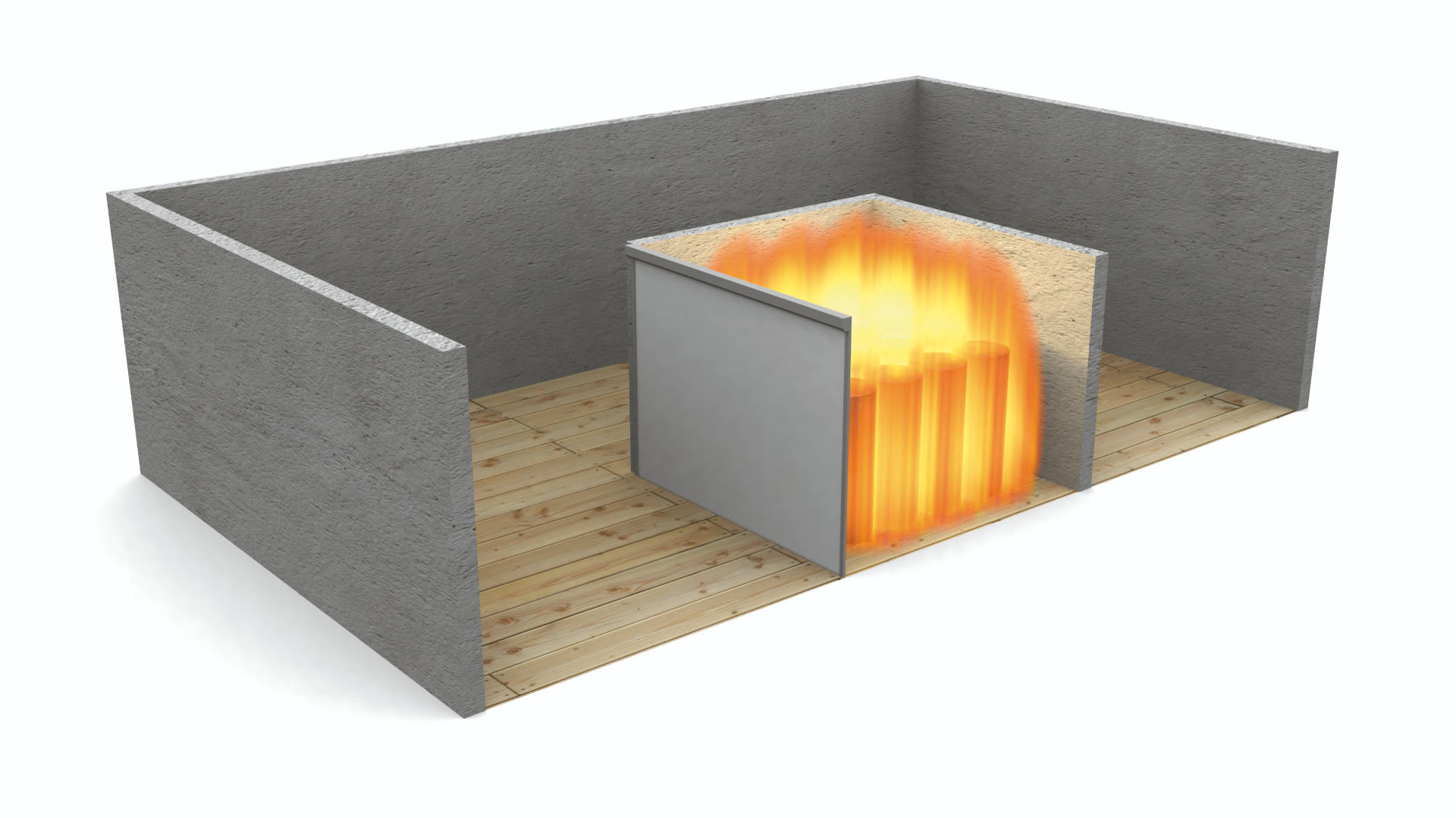 3D-illustration av brandskjutport som stoppar brand i invändig öppning